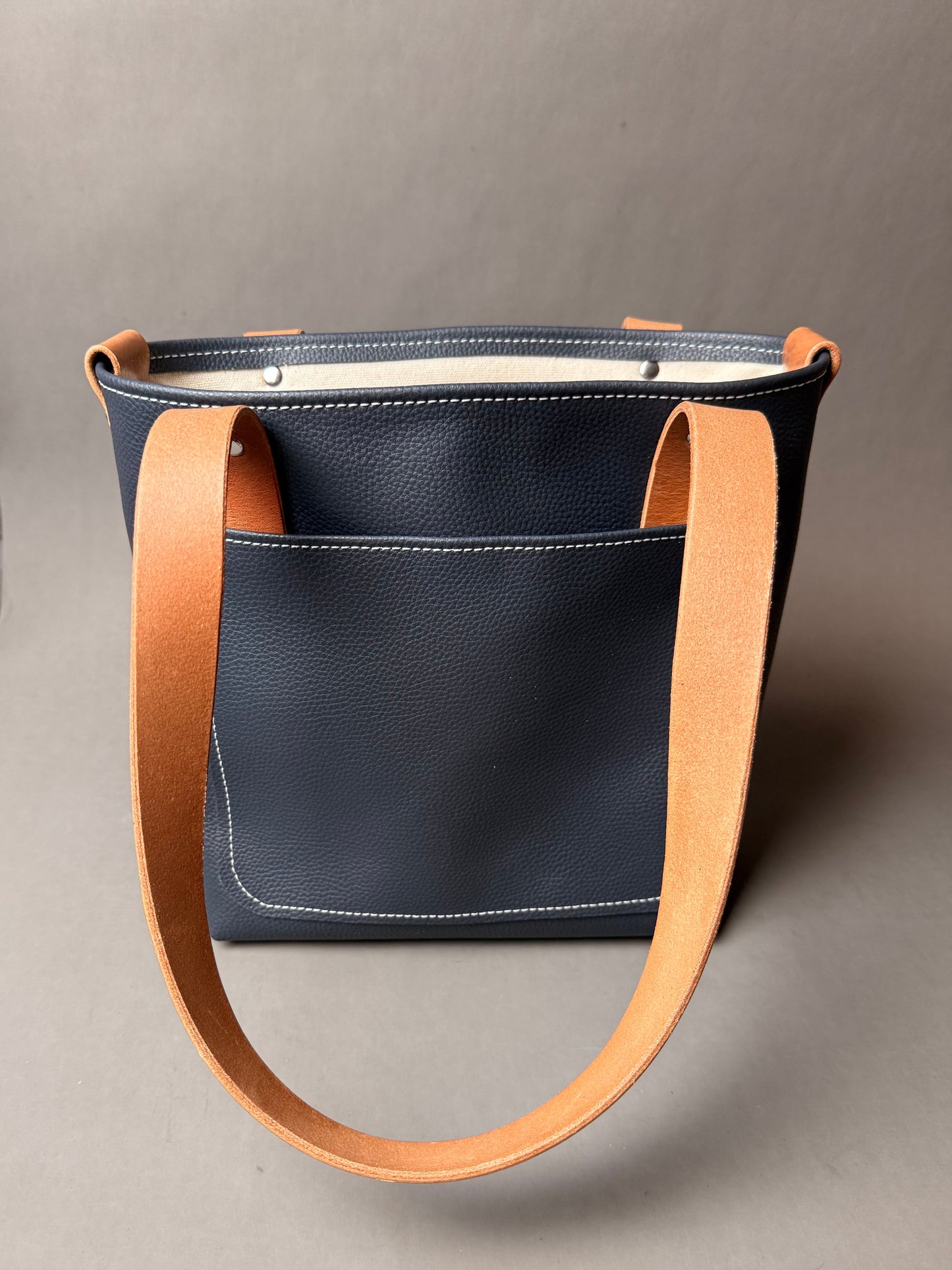 Navy Blue Leather Mini Tote Bag - with Canvas Lining- multiple pockets