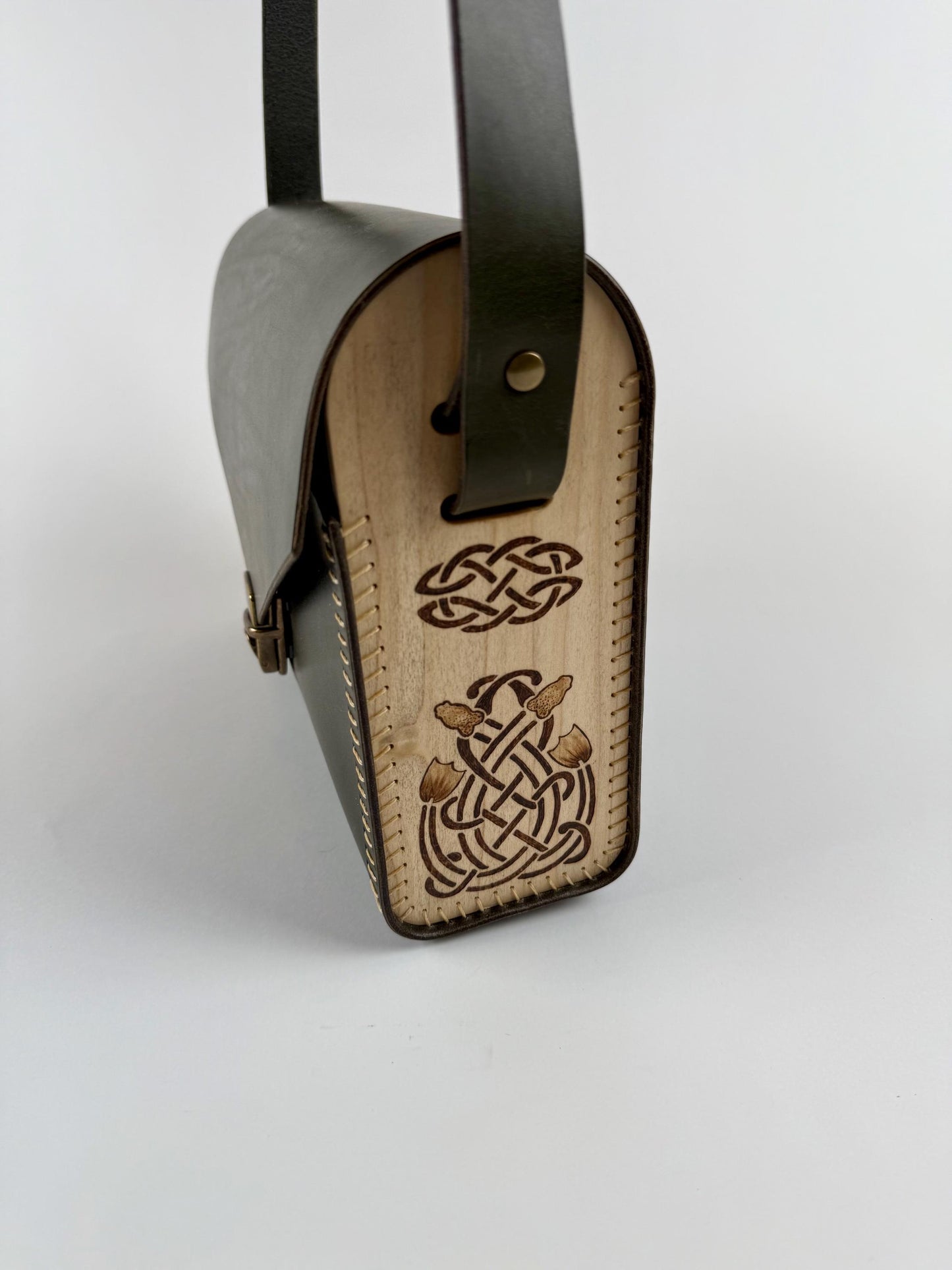 Handmade Green Leather Cross-body Purse with Wooden Side Panels and Celtic Pyrography - Hand-Stitched