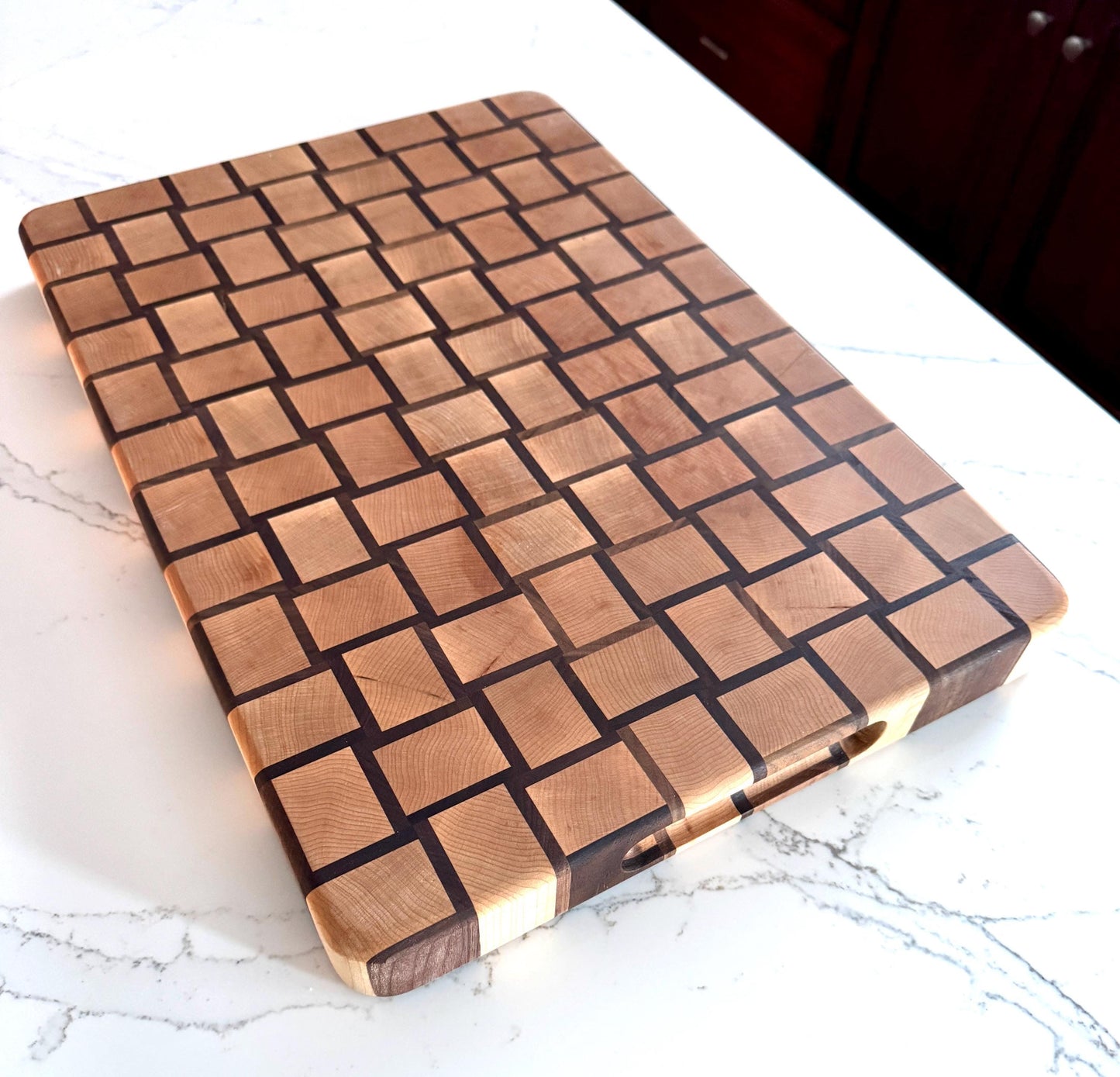 Handmade End-grain Basket-weave Cutting Board, Solid Walnut and Maple, 1.5-inch Thick, Heavy Duty, built-in handles