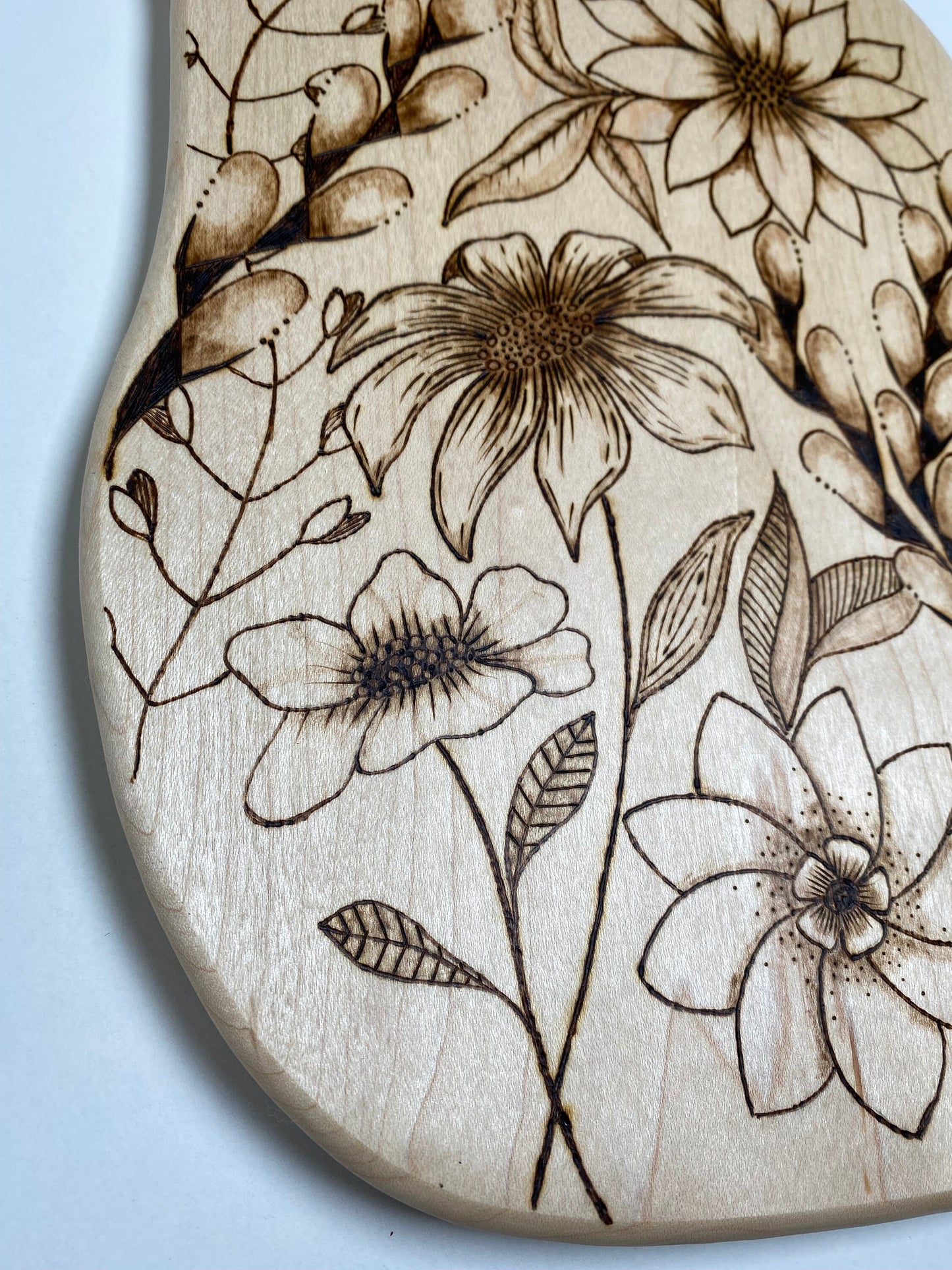 Handmade Charcuterie Board - Pyrography Zentangle Flowers Design - Hand Woodburned - mid-size