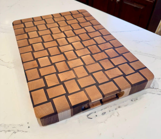 Handmade End-grain Basket-weave Cutting Board, Solid Walnut and Maple, 1.5-inch Thick, Heavy Duty, built-in handles
