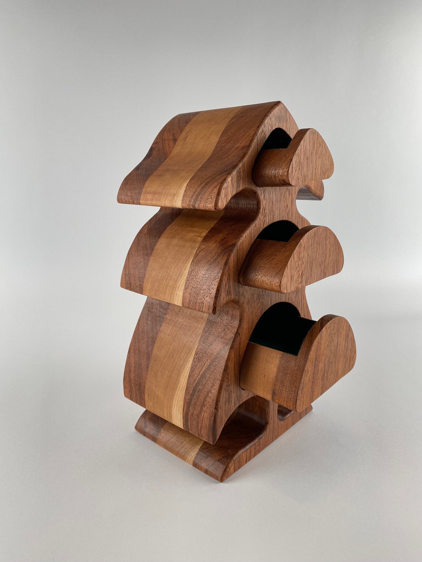 Tree-shaped Keepsake Box - 3 drawers - Jatoba and Cherry woods - Green Flocking inside drawers - bandsaw box