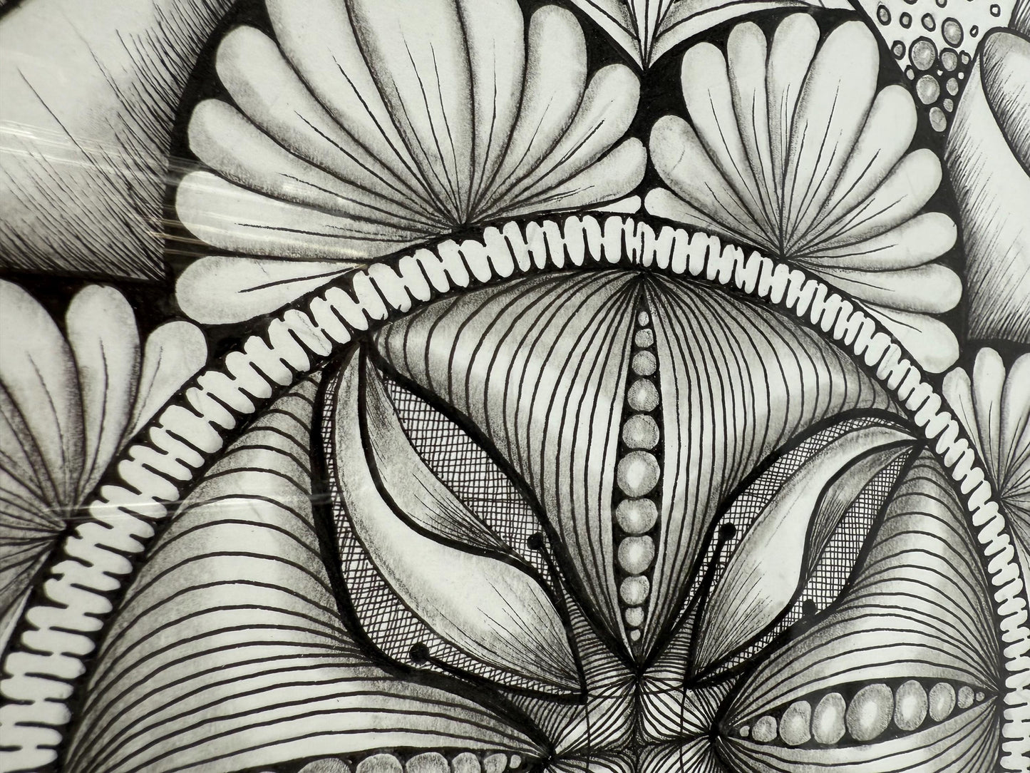 Original Ink Art Drawing - "Floral Sun" - Zentangle Style in Frame