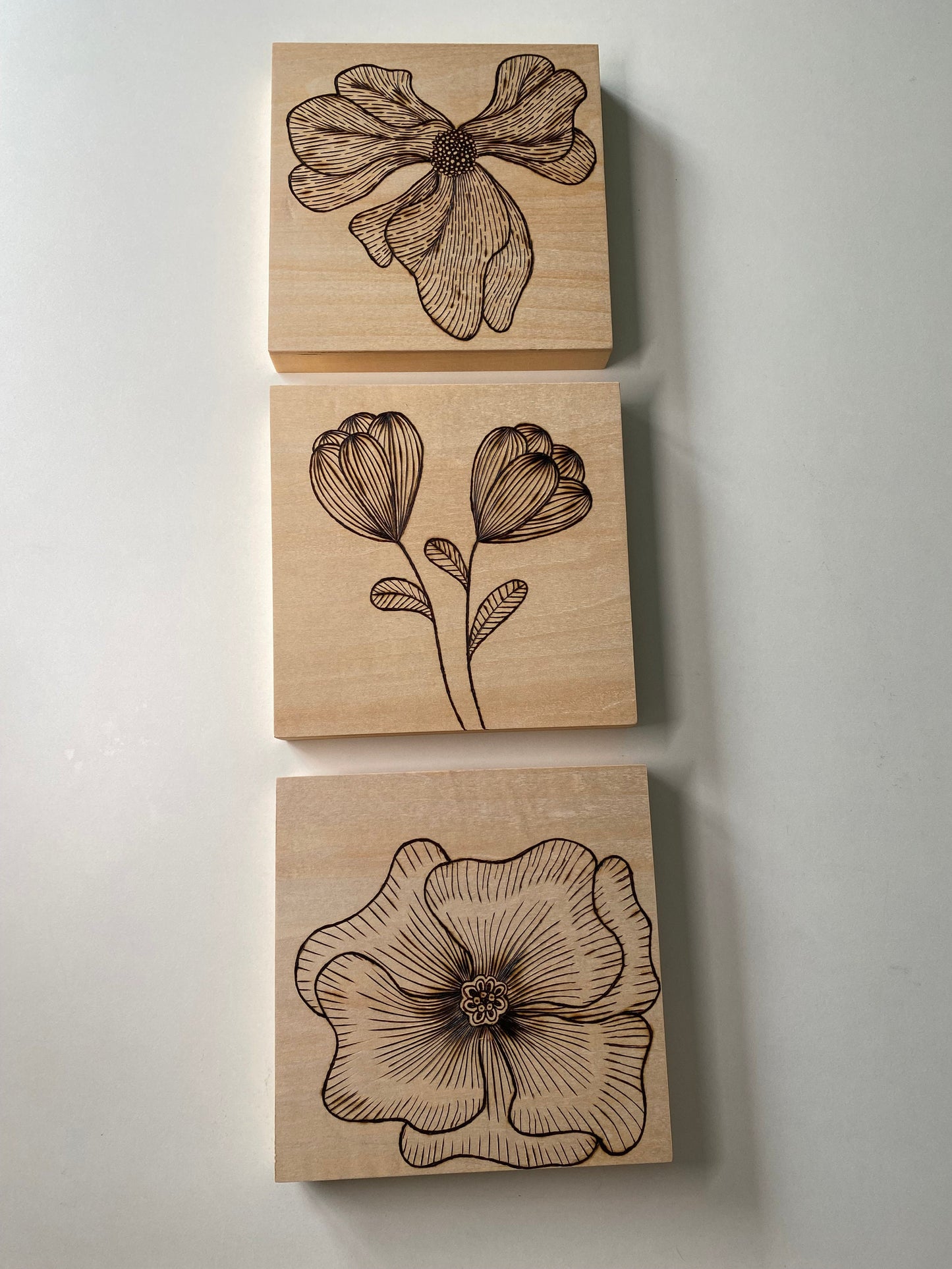 Wall Art: Zentangle Flowers - Trio of 6”x6” tiles - Woodburned (Pyrography)