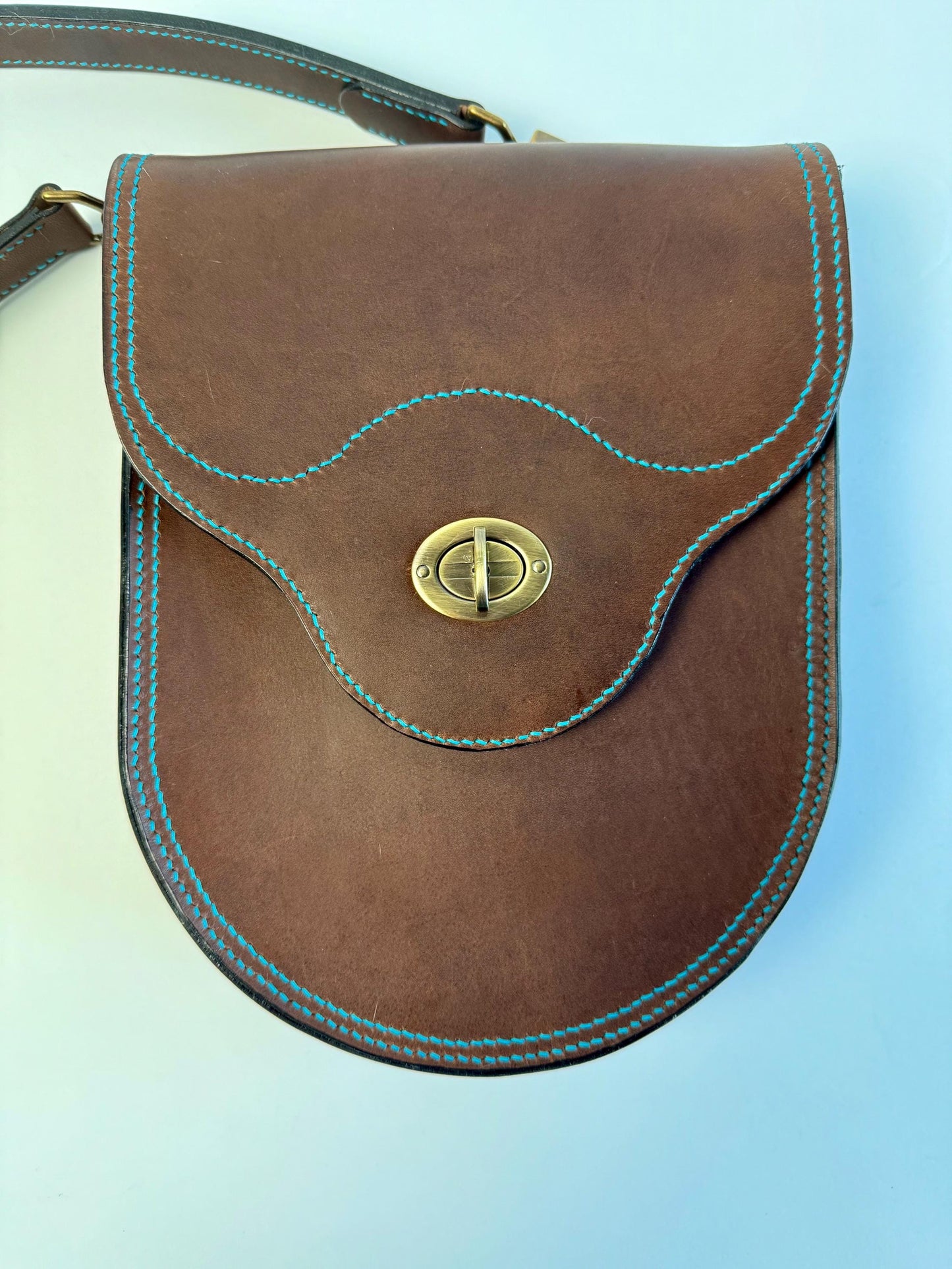 Handmade Leather Horseshoe-style Crossbody Bag - Teal thread - Fully Lined Teal Stripes - Horween leather - Hand-Stitched