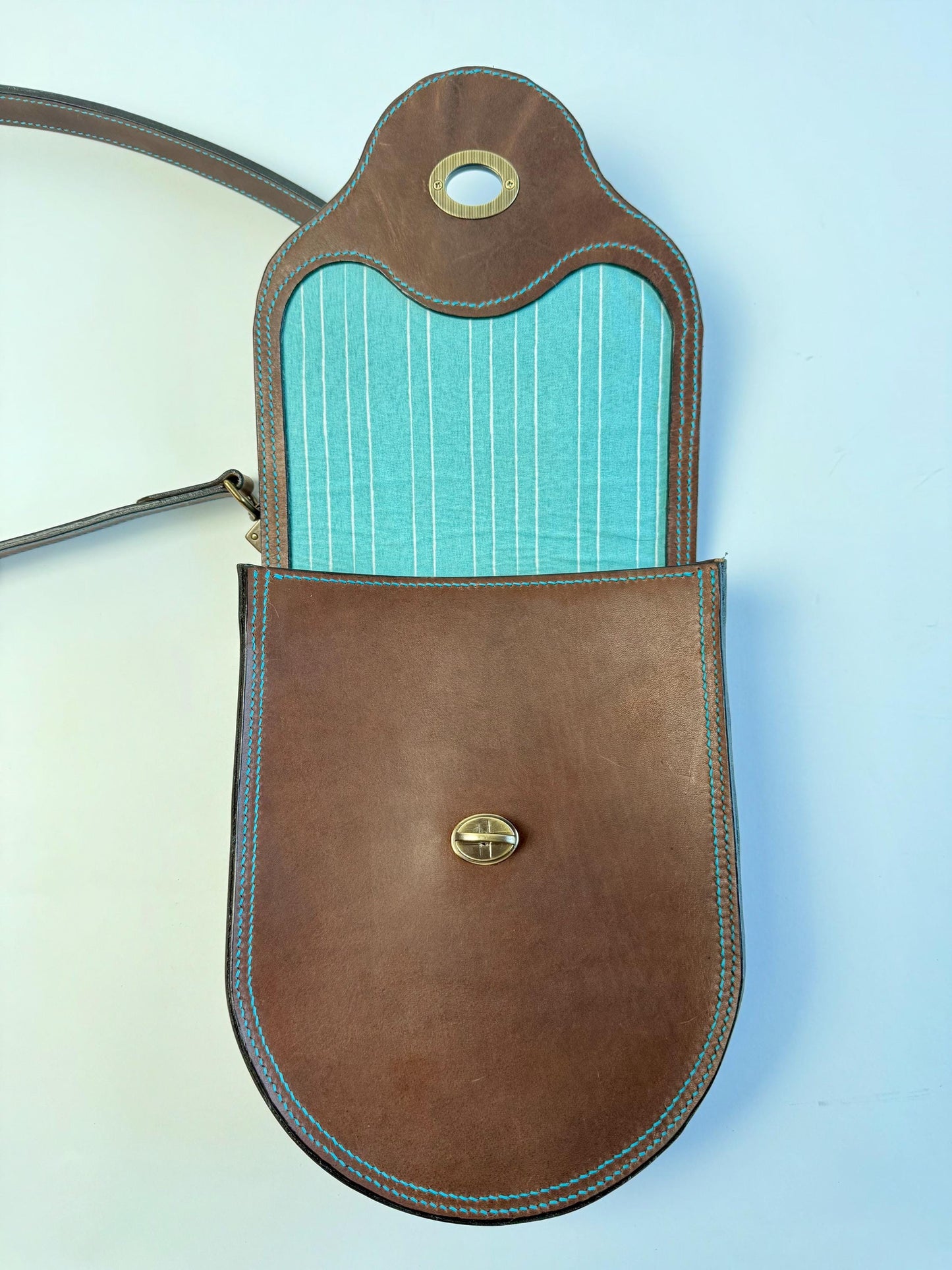 Handmade Leather Horseshoe-style Crossbody Bag - Teal thread - Fully Lined Teal Stripes - Horween leather - Hand-Stitched
