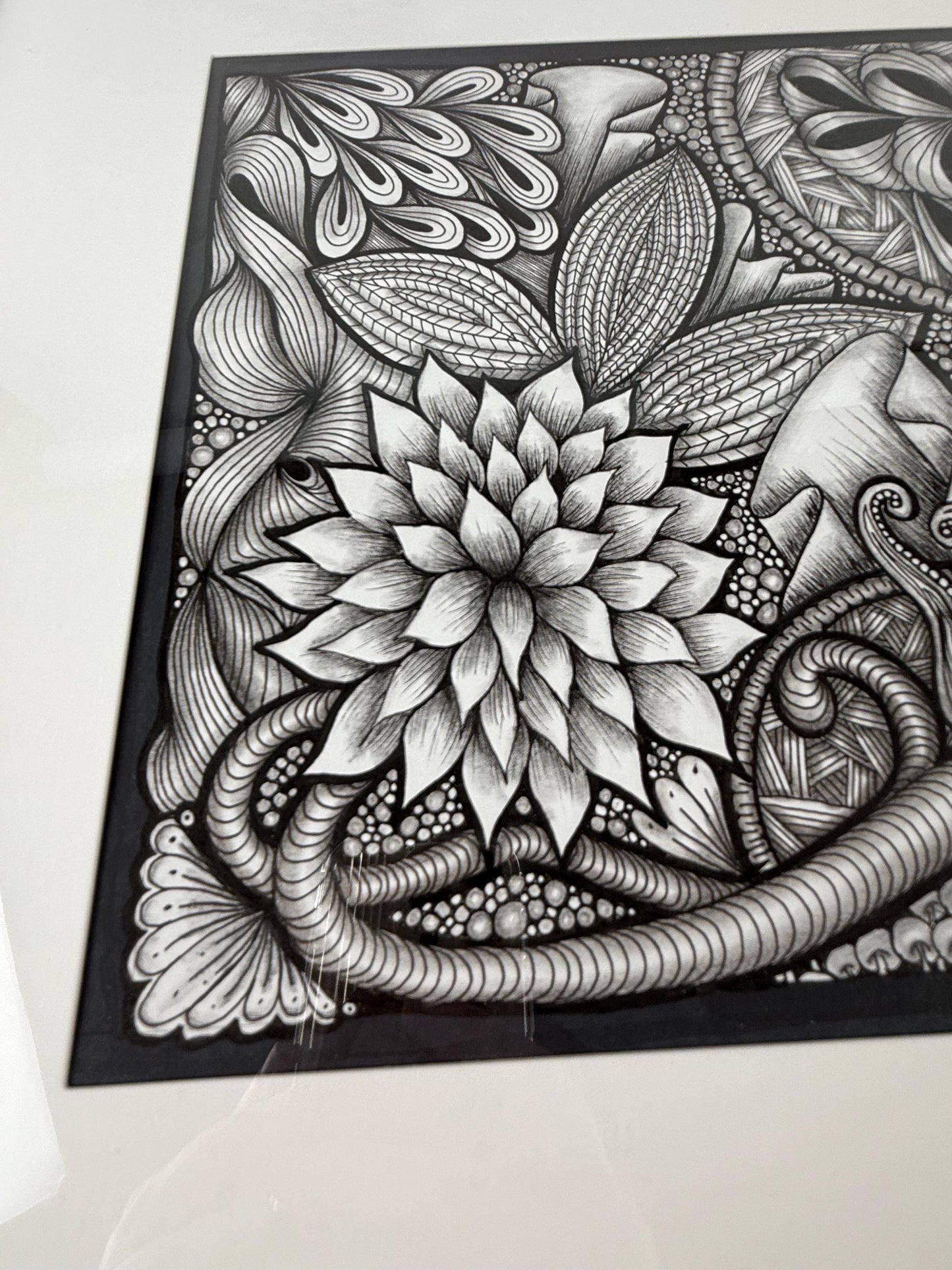 Original Ink Art Drawing - "Sea Life" - Zentangle Style in Frame