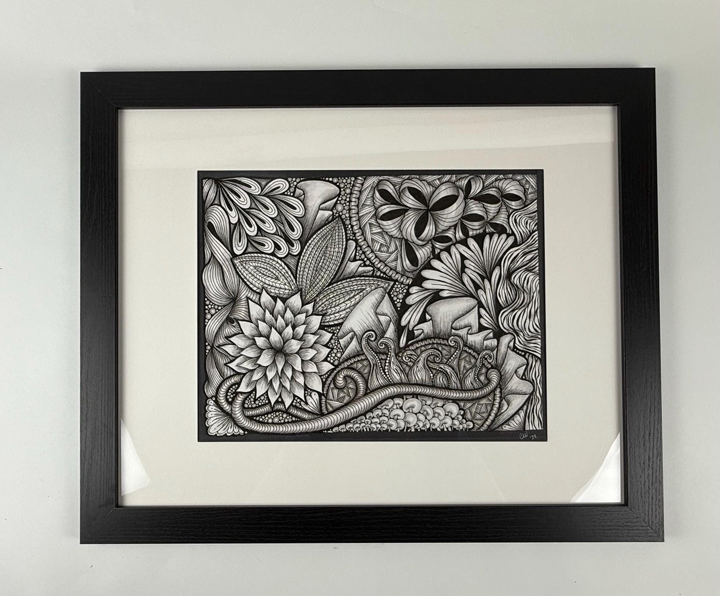 Original Ink Art Drawing - "Sea Life" - Zentangle Style in Frame