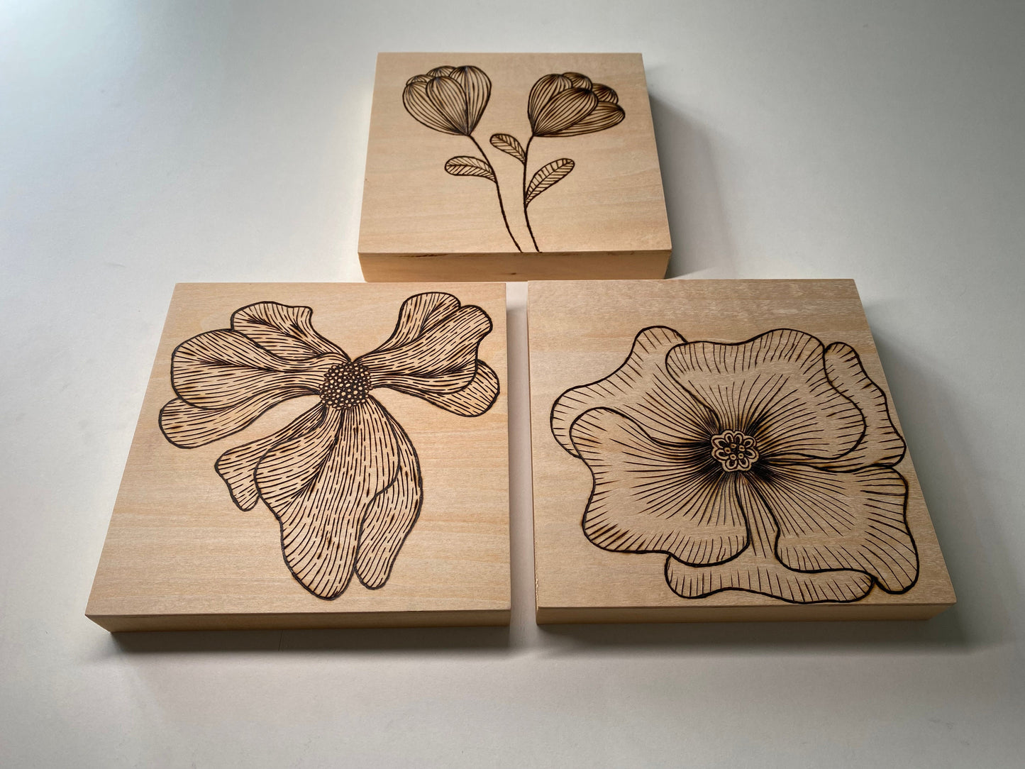 Wall Art: Zentangle Flowers - Trio of 6”x6” tiles - Woodburned (Pyrography)
