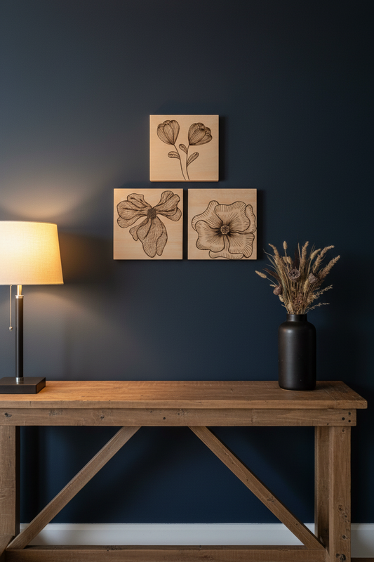 Wall Art: Zentangle Flowers - Trio of 6”x6” tiles - Woodburned (Pyrography)