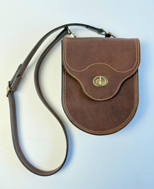 Handmade Leather Horseshoe-style Crossbody Bag with Tan thread - Fully Lined Floral Canvas - Horween leather - Hand-Stitched