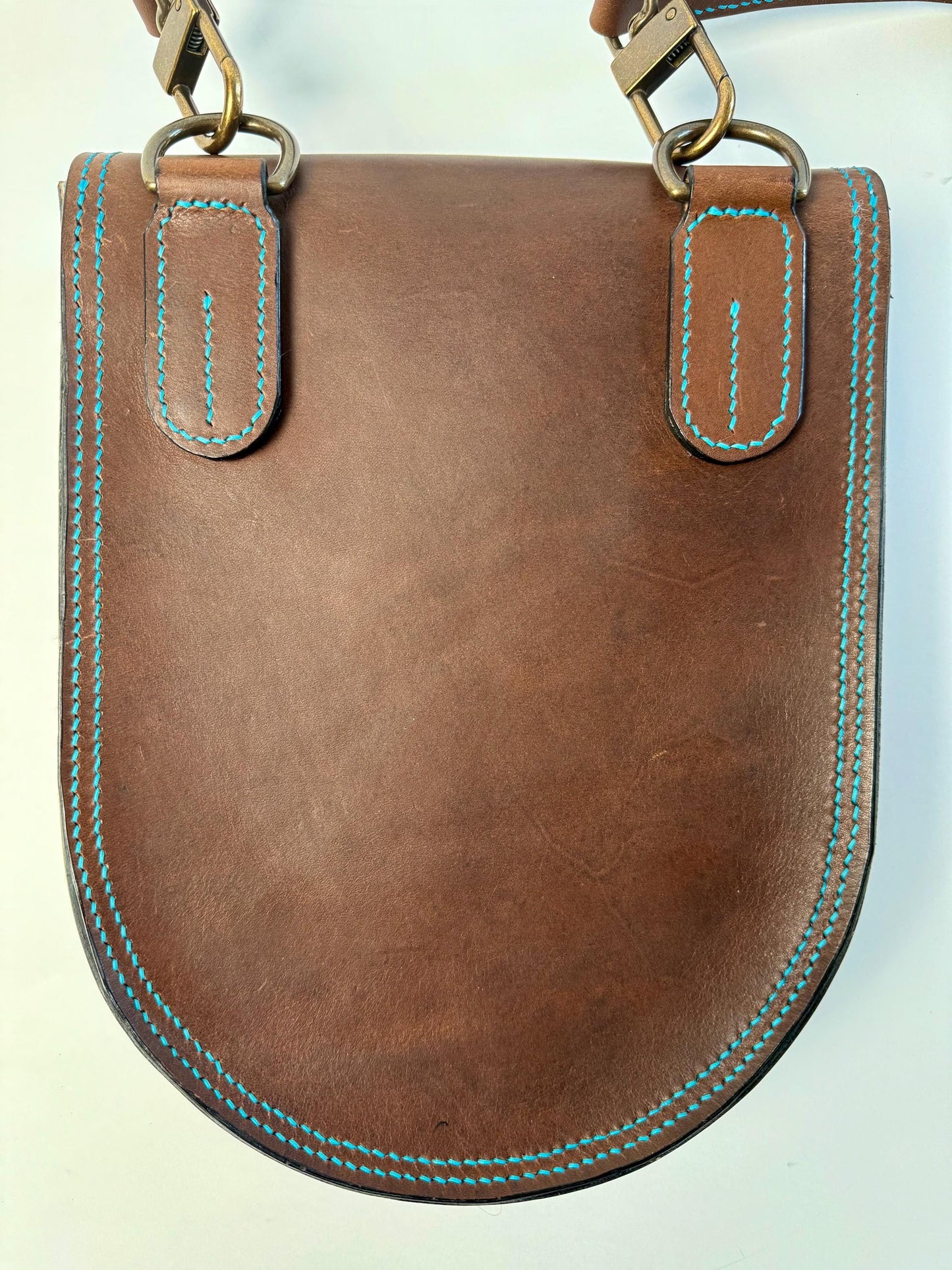 Handmade Leather Horseshoe-style Crossbody Bag - Teal thread - Fully Lined Teal Stripes - Horween leather - Hand-Stitched