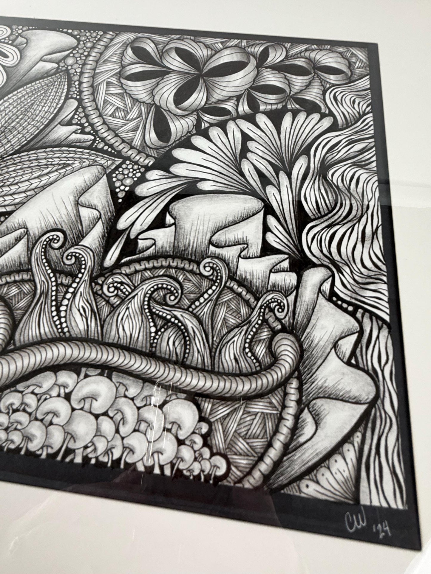 Original Ink Art Drawing - "Sea Life" - Zentangle Style in Frame