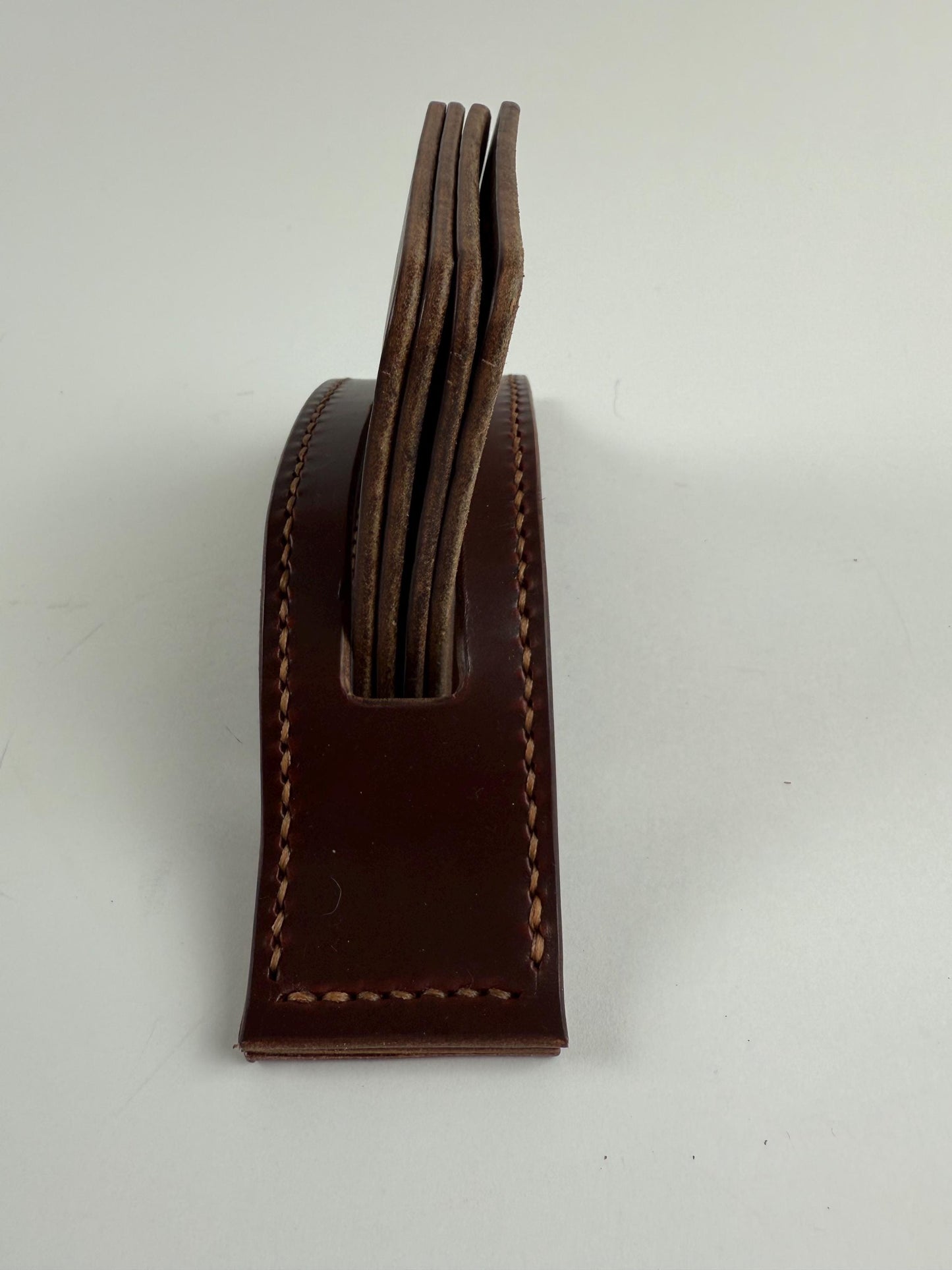 Handmade Leather Coasters and Coaster Holder, Buffalo and Horsehide, Horween leather, hand stitched