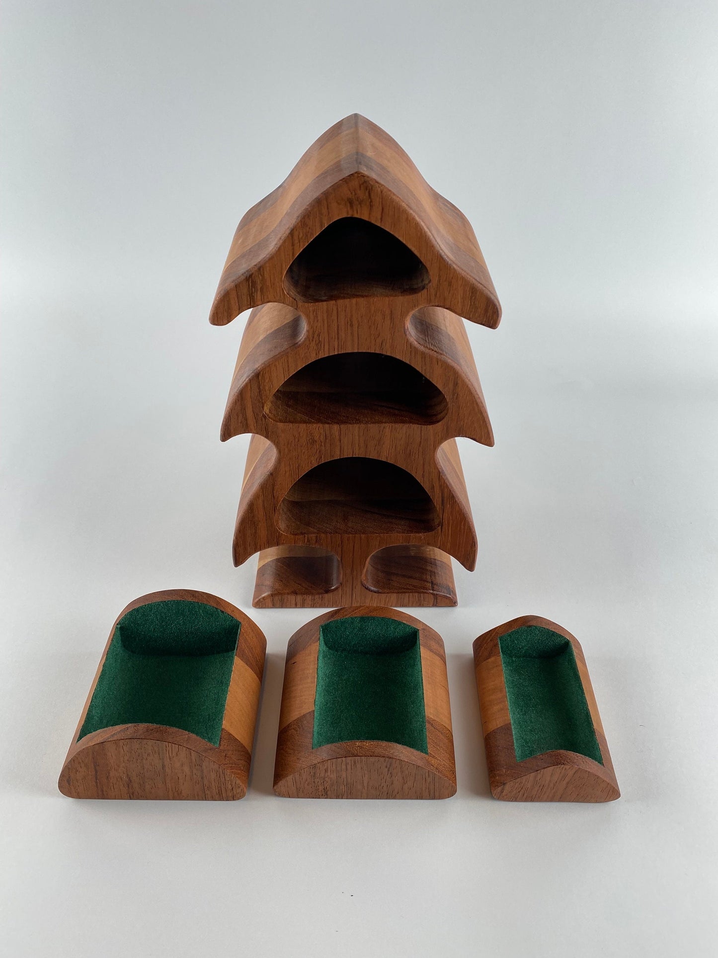 Tree-shaped Keepsake Box - 3 drawers - Jatoba and Cherry woods - Green Flocking inside drawers - bandsaw box