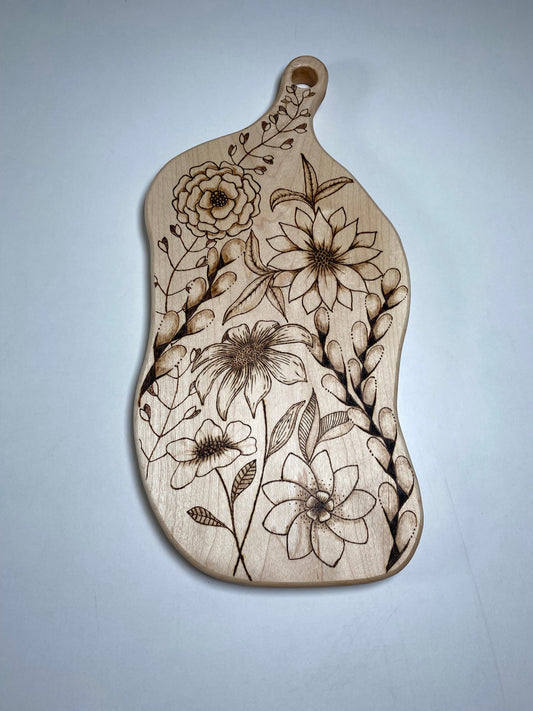 Handmade Charcuterie Board - Pyrography Zentangle Flowers Design - Hand Woodburned - mid-size